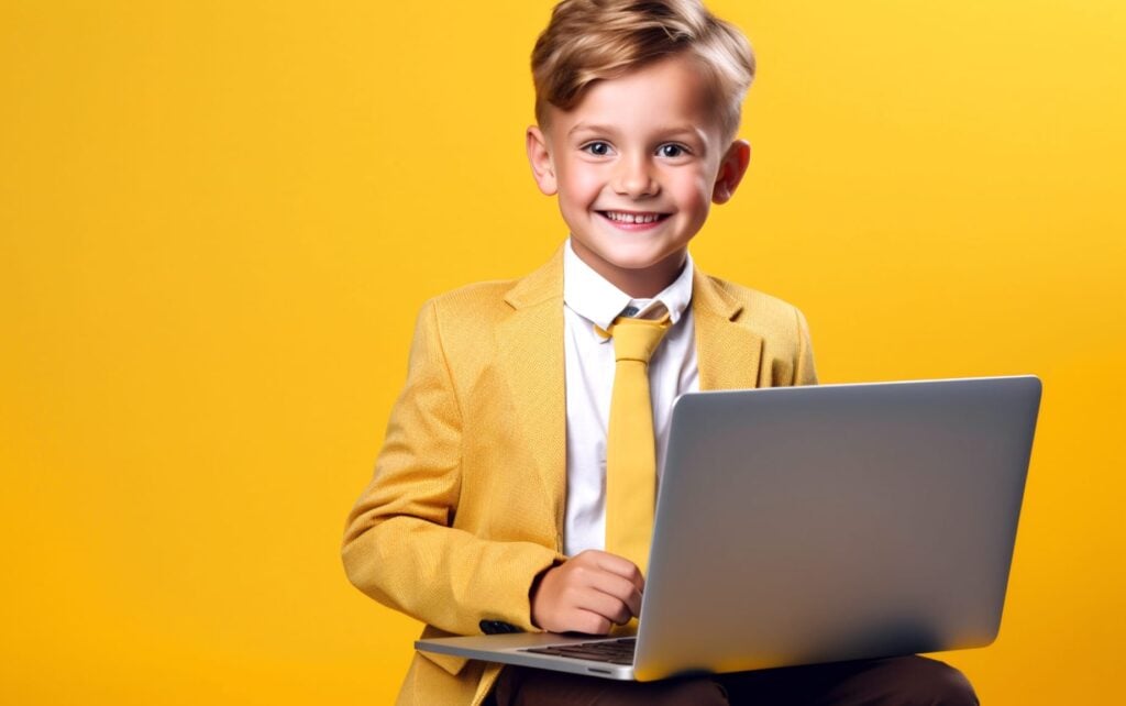 Niño graduado, con traje, estudia inglés online desde su ordenador en la oficina